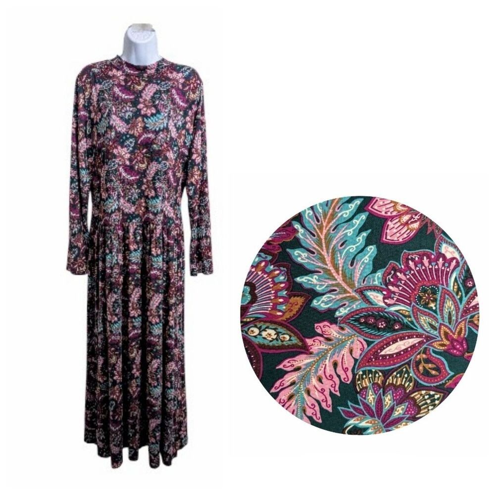 NWT LOFT Paisley Mock Neck Midi Dress Size XL Tall Fuchsia Floral Long Sleeve